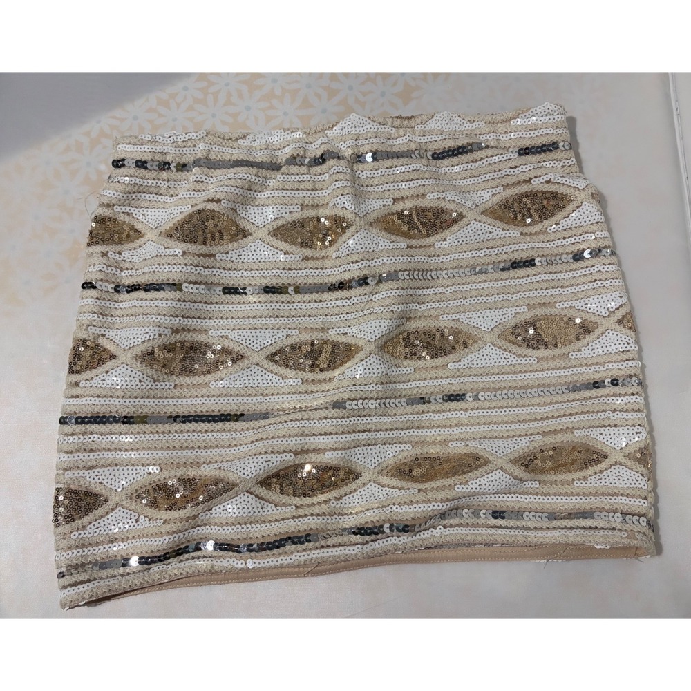 English Rose Sequin Mini Skirt Gold White Silver Geometric Party - Juniors L